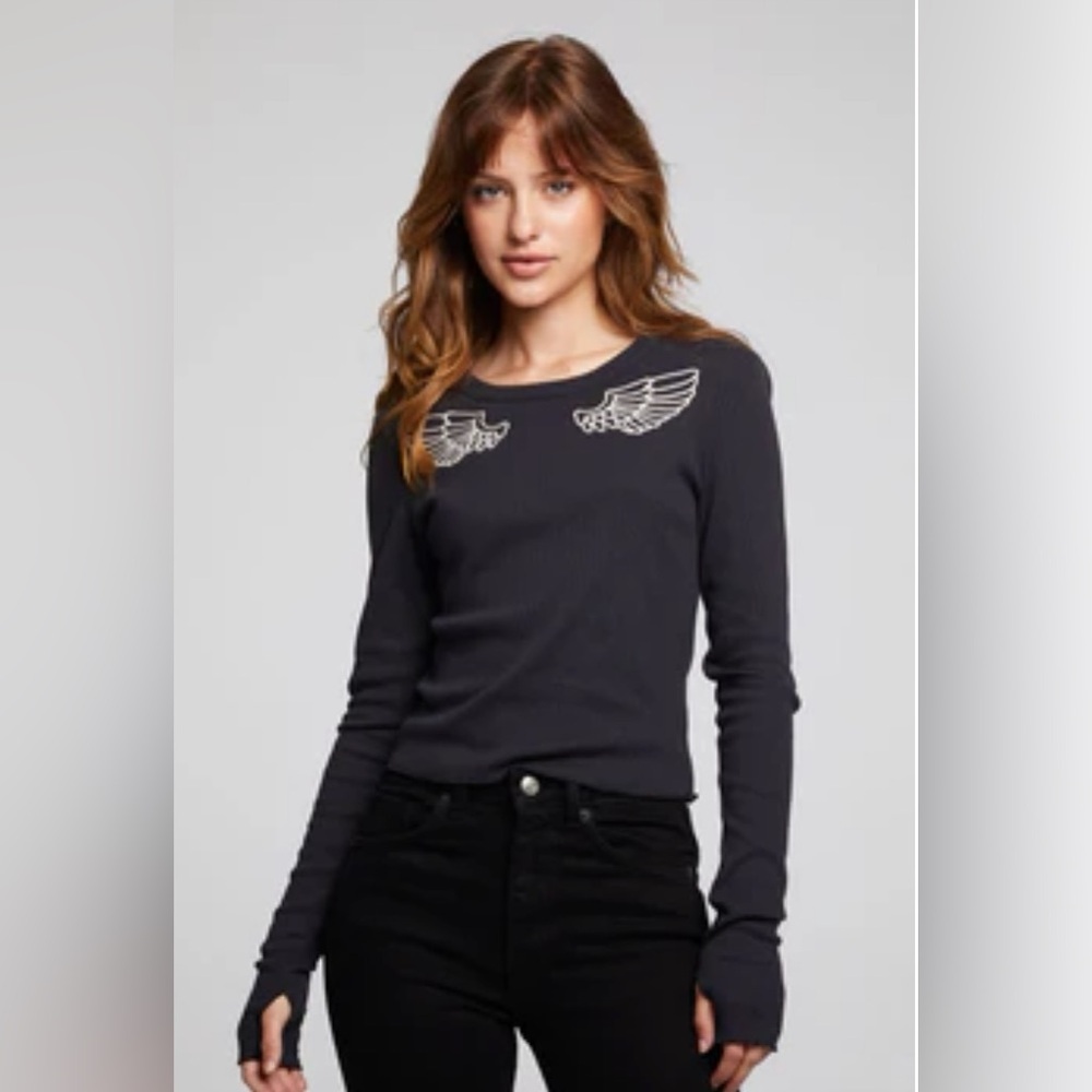 Chaser Charcoal Long Sleeve Tee with Wing Details